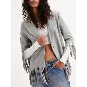 Free People x Understated Leather XS Blue Suede Fringe Peace blazer jacket